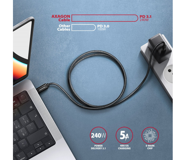AXAGON BUCM2-CM25AB Kabel USB-C - USB-C, 2.5m 5A charging, ALU, 240W PD, oplot, USB2.0, czarny - 1485419 - zdjęcie 6